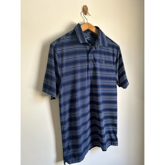 Under Armour Heat Gear High Stretch Striped Polo Shirt Navy Blue Men's Small - Picture 4 of 9